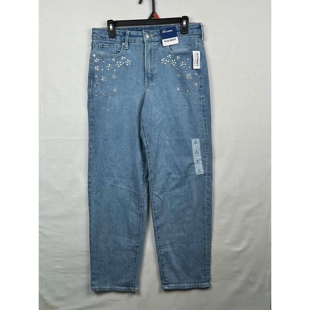 Old Navy High-Rise OG Loose Jeans Womens 6 Rhinestone Embellished‎ Blue Denim
